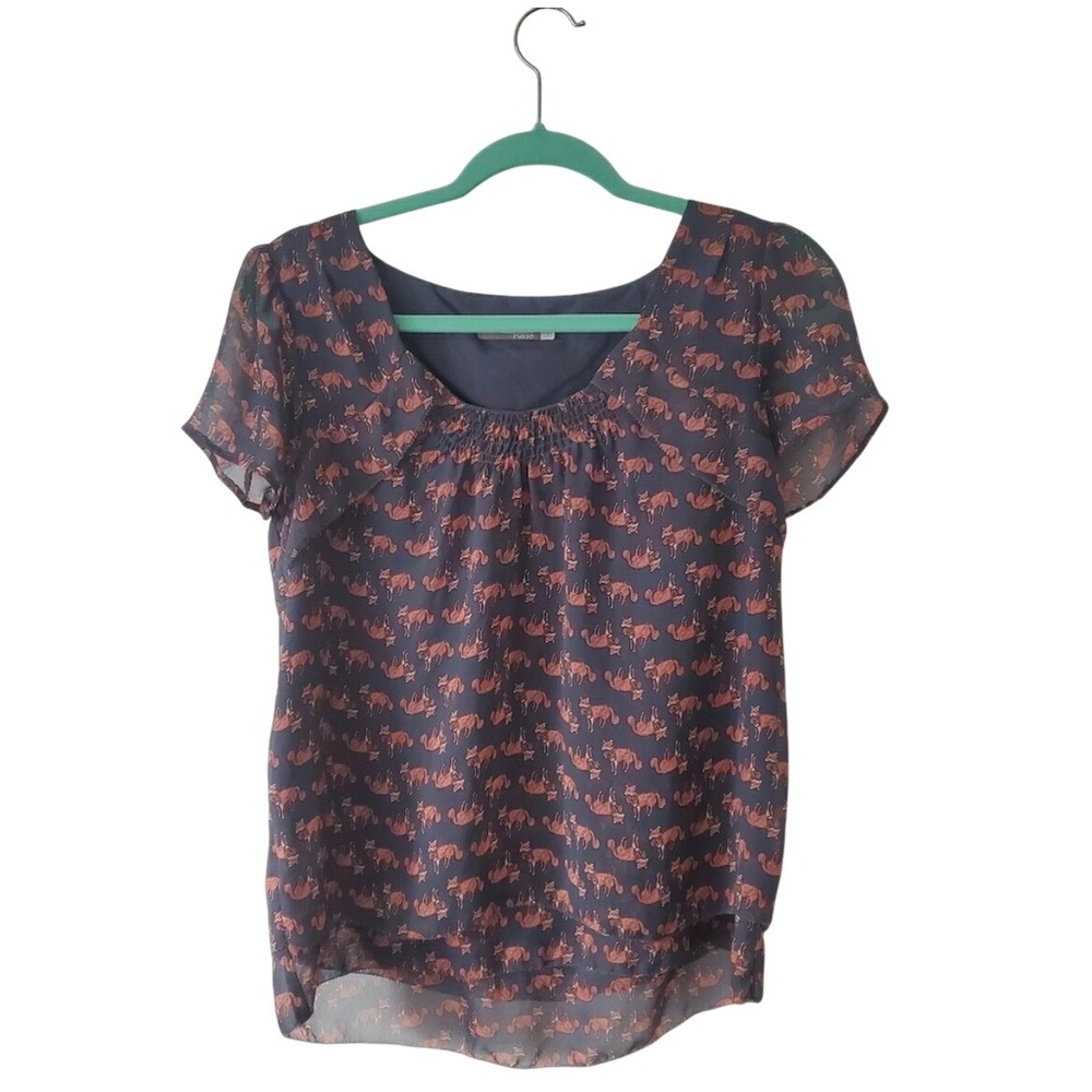 Charlotte Russe Navy‎ Fox Print Chiffon Short Sleeve Blouse Womens Small